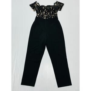 Eliza J Lace Bodice Jumpsuit Women's 2P Black Floral Cap Sleeve Off The Shoulder